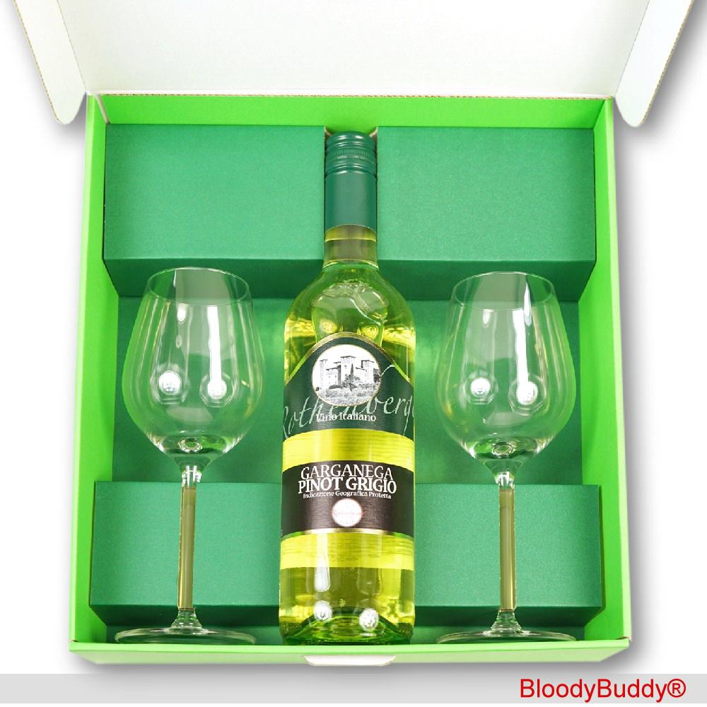 Geschenkset Weißwein mit 2 Weißwein-Gläsern