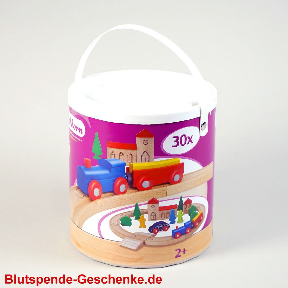 Blutspendegeschenk Holzbahn im Eimer